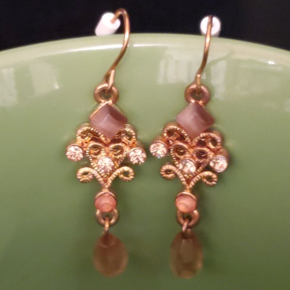 Vintage Ornate Gold & Brown Eye of Tiger Pink Beaded Dangle Earrings - Picture 2 of 6